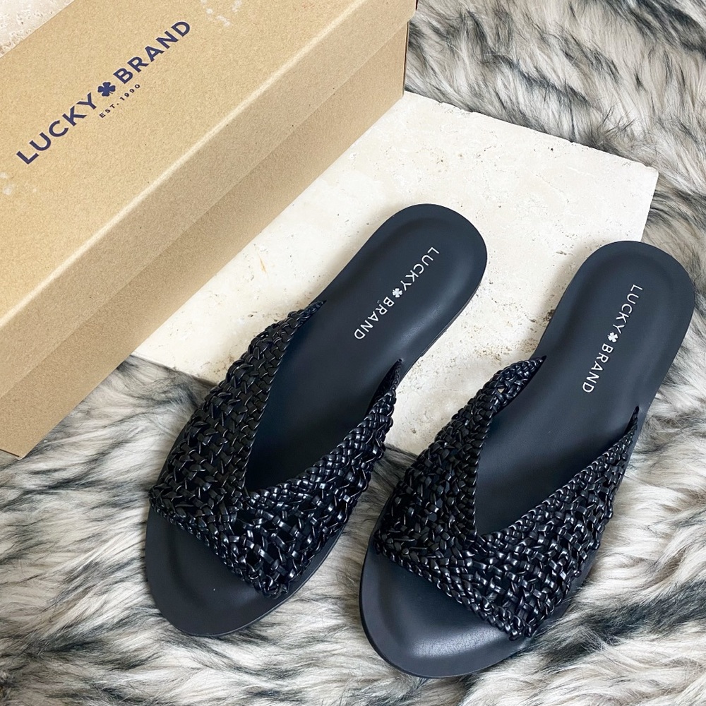 Lucky Brand Black Mesh Knitted Slip On Slide Sandals Adolela Woven Boho Chic